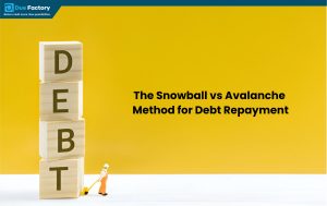 Blocks spelling "DEBT" with a figure pushing them, against a yellow background, titled "Snowball vs Avalanche Method for Debt Repayment."